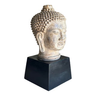 Antiqued Buddha Head Sculpture on Black Pedestal - Modern Zen Decor For Sale