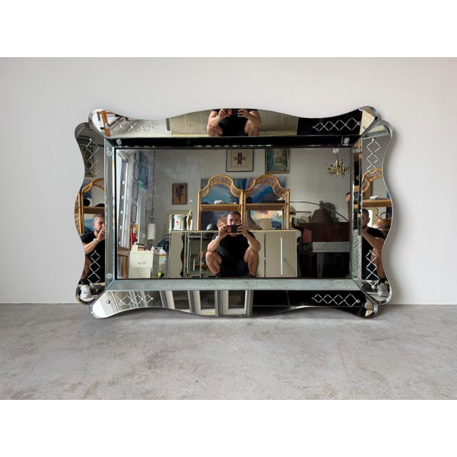 Large- 1960s Italian Hollywood Regency Scalloped Etched Beveled Wall Mirror For Sale - Image 4 of 13