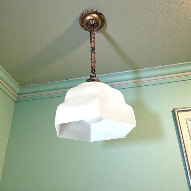 Metal Art Deco White Opaline Glass Hanging Lamp, 1940s For Sale - Image 7 of 11