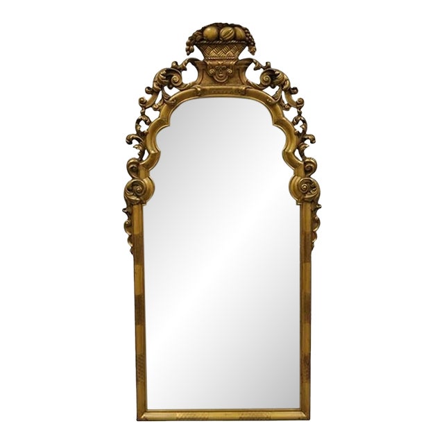 Antique French Rococo Gold Giltwood 65" Harvest Carved Fruit Basket Wall Mirror For Sale