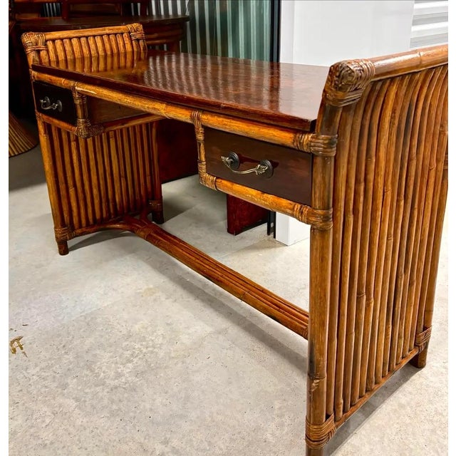 Stunning mid-century modern Paul Frankl attributed desk/console table, fully refurbished. One of a kind, Stacked bamboo...