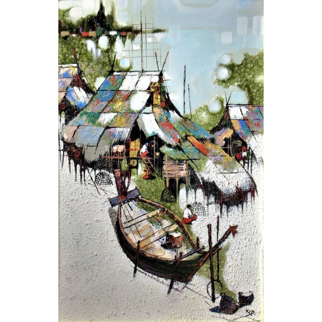 This artwork titled "Fishing Village, Puttaya, Thailand" c.1980 is an oil painting with gold addition on canvas by renown...