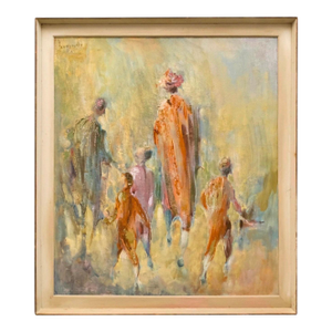 Samuel GrodenskyLarge Judaica Oil Painting Samuel Grodensky Hasidic Rabbi, Children in Jerusalem, 1962