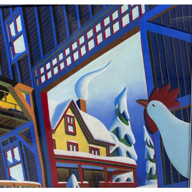 Original Wade Zahares 'Barnyard Chickens in Winter' Pastel Illustration Painting For Sale - Image 9 of 13