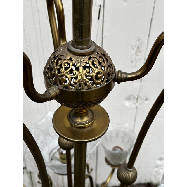 Metal Vintage Nine Light Brass Restored Gas Fixture For Sale - Image 7 of 12