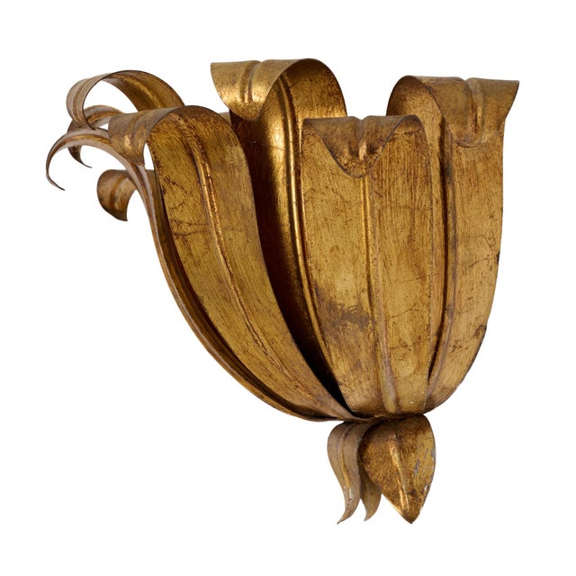 Metal Italian Mid-Century Gilt Metal Floral Wall Sconce For Sale - Image 7 of 9