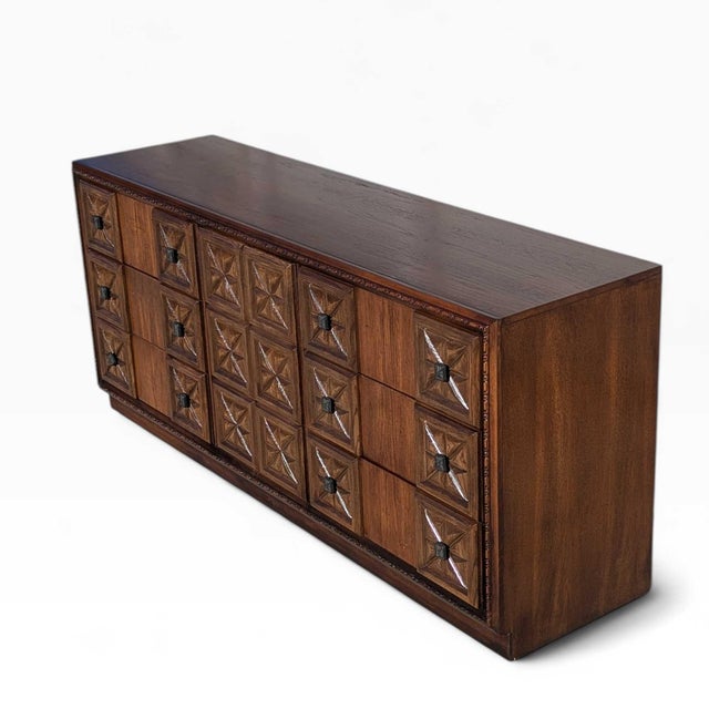 Wood 1970s Brutalist Lowboy Dresser With Sculptural Geometric Facade For Sale - Image 7 of 18