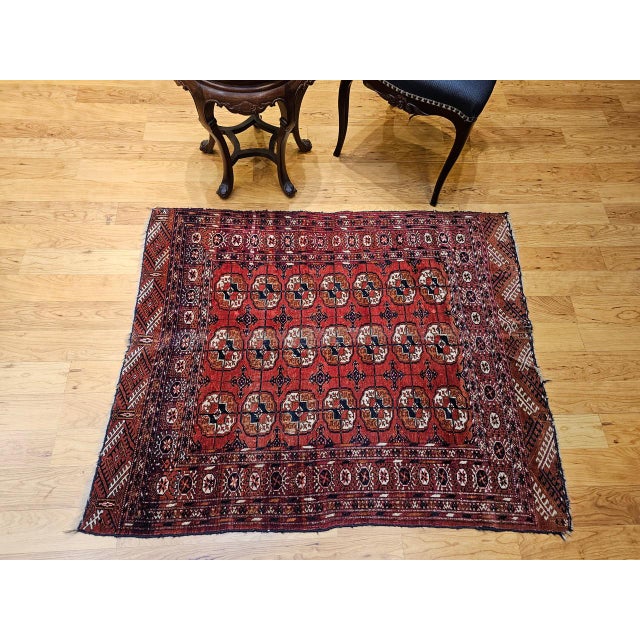 Vintage Turkmen Tekke Area Rug in Allover Geometric Pattern in Brick-Red, Navy, Ivory, Brown For Sale In Chicago - Image 6 of 16