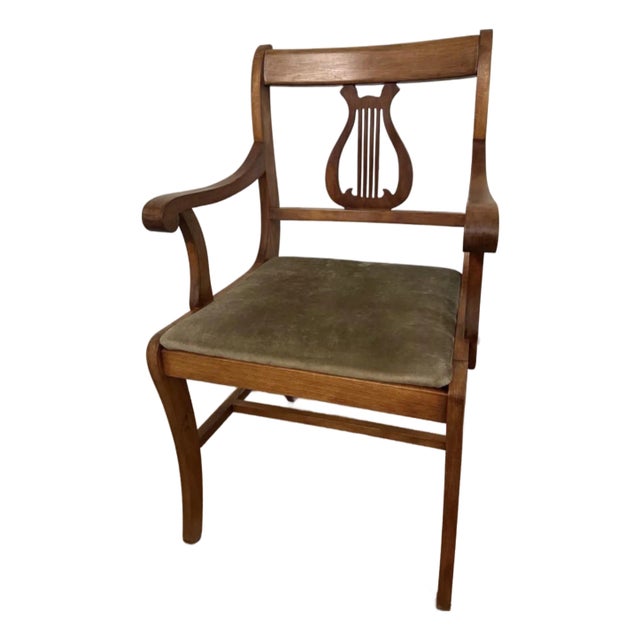 1930s Duncan Phyfe Style Mahogany Lyre Back Arm Chair With Upholstered Seat For Sale