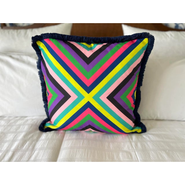 Navy Blue Caribbean Multicolor Stripe Pillow Cover With Navy Brush Fringe For Sale - Image 8 of 8