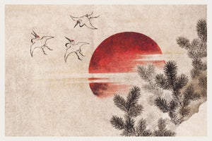 Birds and Sunset, Vintage Japanese Woodblock Print Reproduction, 24" X 16"