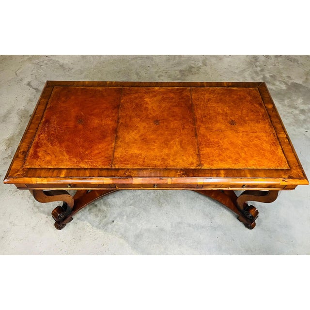 1990s William & Mary 17th Century Style Scroll Leg Leather Top Library Table or Desk For Sale - Image 5 of 10