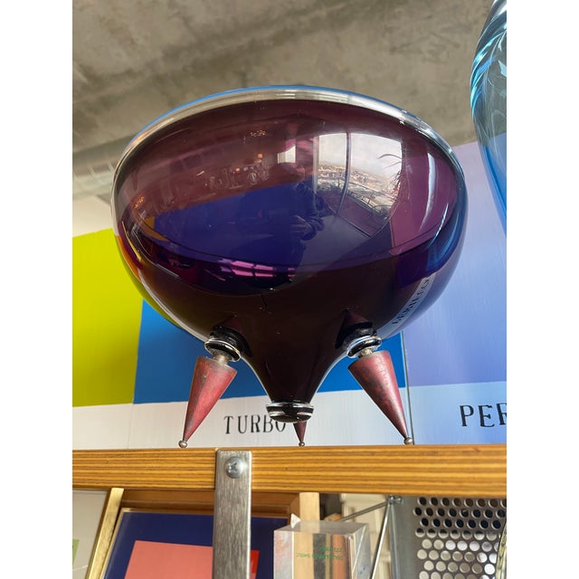 1980s Memphis Design Ettore Sottsass Style Metal Footed Amethyst Glass Bowl Fontana Arte Style For Sale - Image 12 of 12
