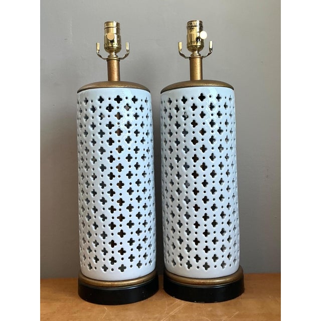 Vintage Perforated Ceramic Table Lamps - Pair For Sale - Image 4 of 13
