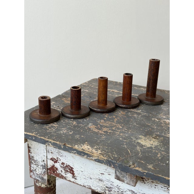 Vintage Folk Art Repurposed Textile Spool Candleholders, Set of Five, Circa 1950s For Sale - Image 4 of 10