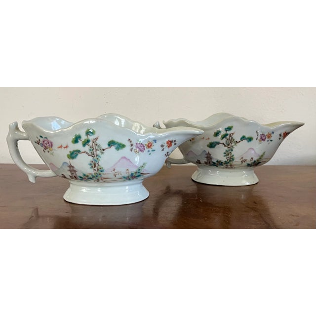 Ceramic Antique 18th Century Chinese Export Qianlong Porcelain Sauce Boats in Famille Rose Glaze Circa 1750 - a Pair For Sale - Image 7 of 12