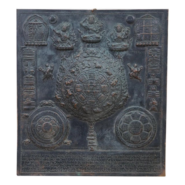 Rare Antique Tibetan Copper Repousse Astrological Calendar Mandala Buddha Spirit For Sale