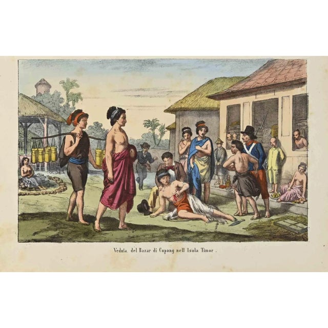 View of Cupang Bazaar in Timor Island is a hand colored lithograph realized in 1864. Good condition. The artwork belongs...