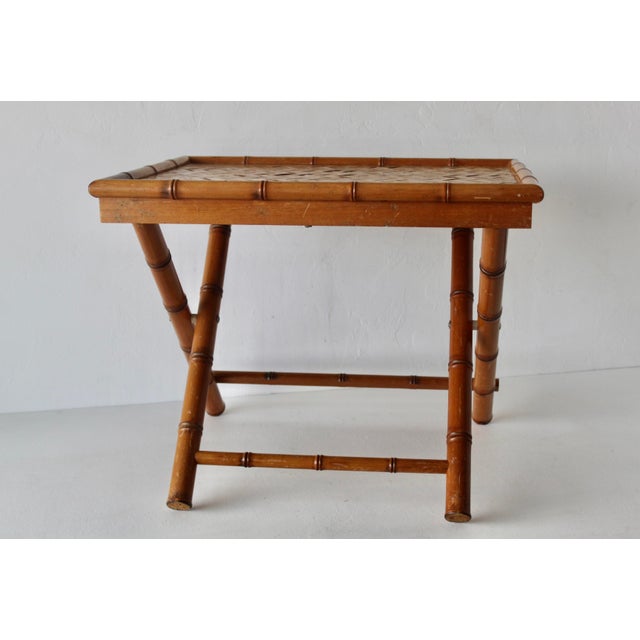 Wood Vintage French Style Handcrafted Rectangle Bamboo Serving Folding Table Center Table X-Base Mid-Century For Sale - Image 7 of 14