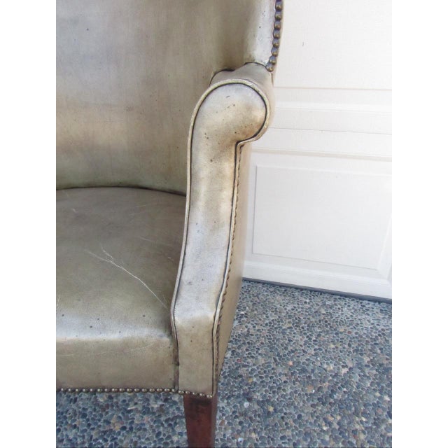 Wood Antique English George LLL Leather Wingback Armchair For Sale - Image 7 of 18