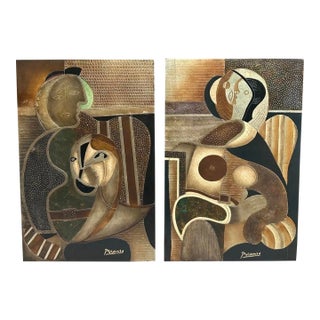 Pair Mid-Century Picasso-Style Carved & Gilded Wood Panels Attributed to Enrico Baj For Sale