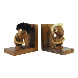 Wood Optymist & Pesymist Hans Bolling Bookends, 1960s, Set of 2 For Sale
