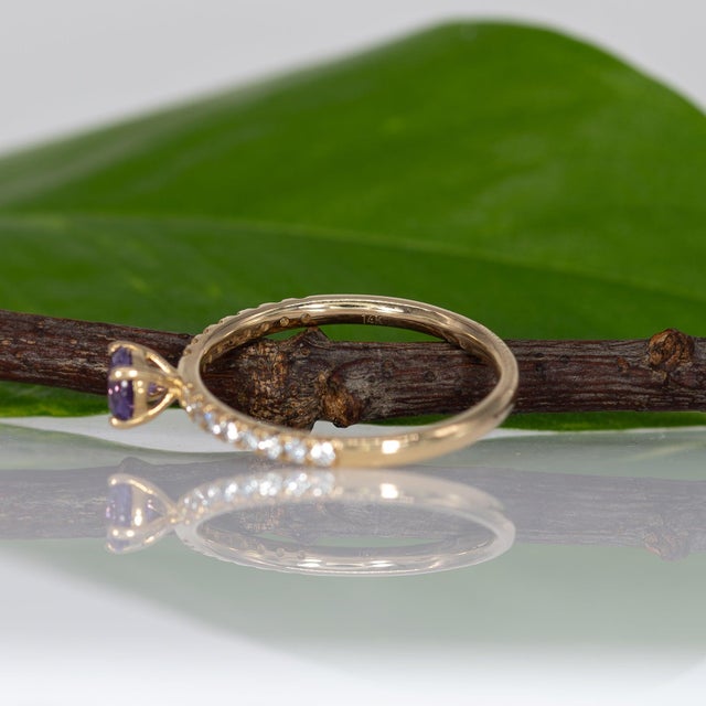 Purple Sapphire Round Ring With Natural Diamond Halo: Solid 14k Gold, Size 6.75 For Sale - Image 9 of 9
