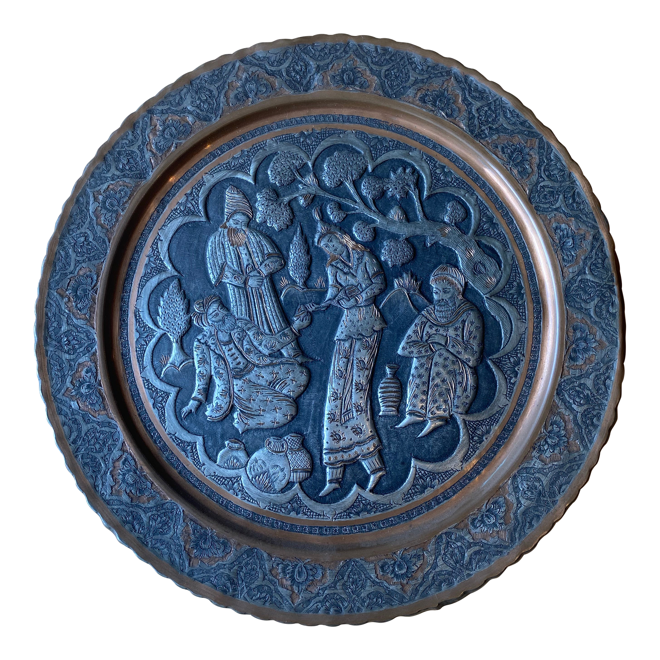 Vintage Silver Tone Tin Copper Persian Ghalamzani Qajar Tooled