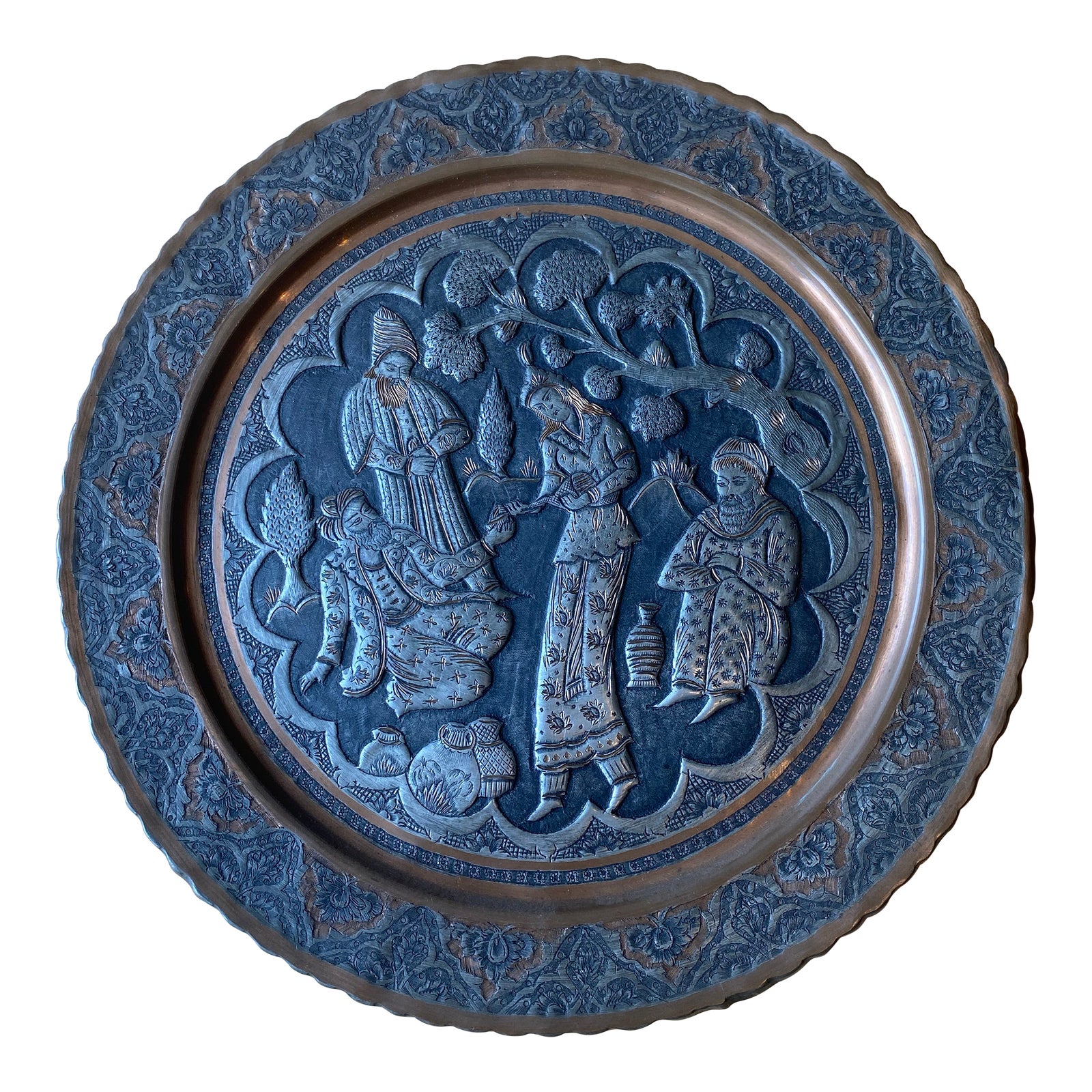 Vintage Silver Tone Tin Copper Persian Ghalamzani Qajar Tooled