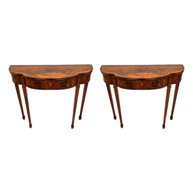 1990s Pair of Custom Federal Style Demi-Lune Console Tables For Sale