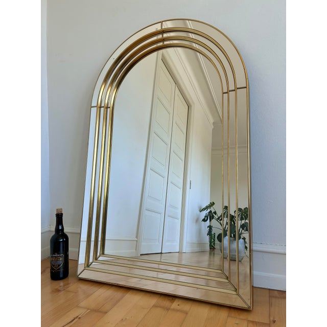 Large Vintage Deknudt Arched Beveled Panel Mirror – Gold, Belgium, 1980s For Sale - Image 6 of 12