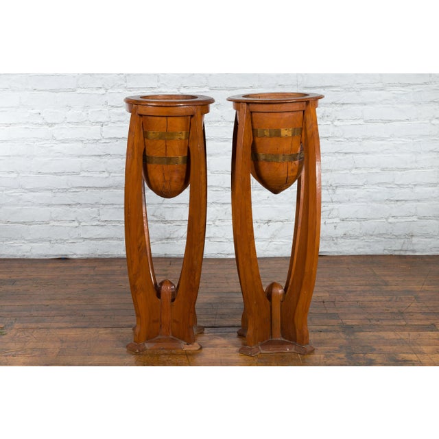 Brown Mid 20th Century Javanese Art Deco Style Teak Wood & Brass Brace Plant Stands - A Pair For Sale - Image 8 of 13