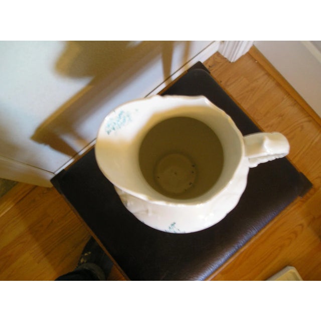 Ceramic 1950s Pitcher With Wash Bowl Soup Dish and Shaving Cream Bowl White With Blue Accent Set of 4 Pieces For Sale - Image 7 of 9