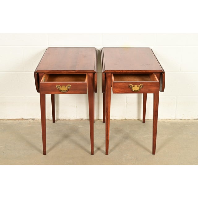 Late 20th Century Henkel Harris Georgian Solid Cherry Wood Drop Leaf Pembroke Side Tables, Pair For Sale - Image 5 of 15