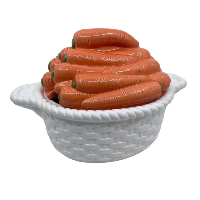 Vintage carrot and white Basketweave soup tureen. Ceramic tureen with bright carrots tops as the lid and base is...