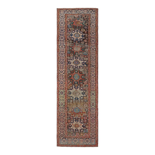 Antique Lori Geometric Red and Beige Wool Runner For Sale