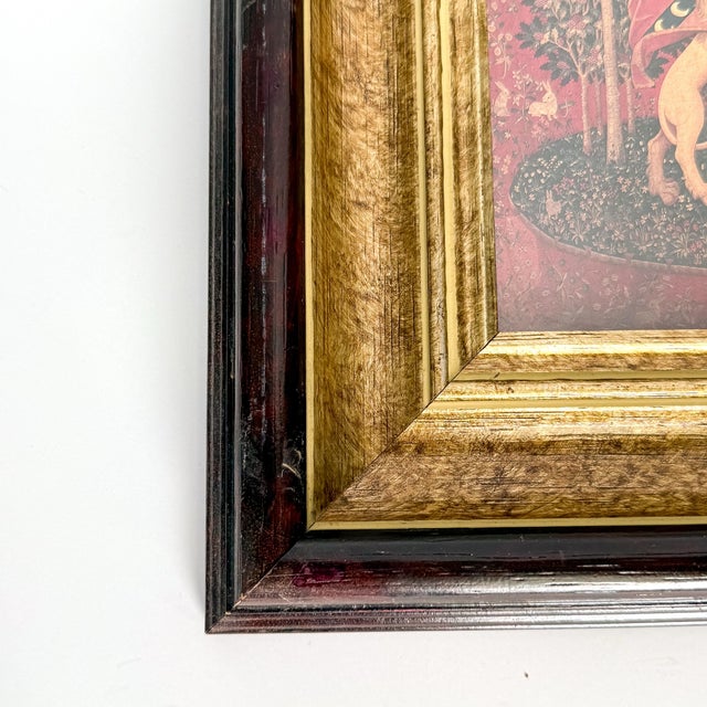 Late 20th Century Coordinating Pair of Framed Medieval Unicorn Tapestry Prints in Gilt and Mahogany-Tone Frames - Set of 2 For Sale In Raleigh - Image 6 of 12