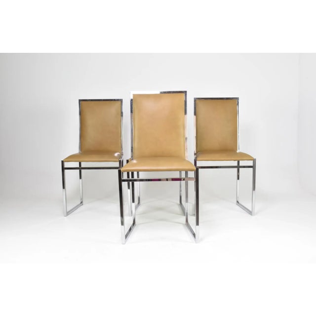 Mid-Century Modern Set of Four Italian Chrome, Burl Wood and Leather Dining Chairs, 1970s For Sale - Image 3 of 10