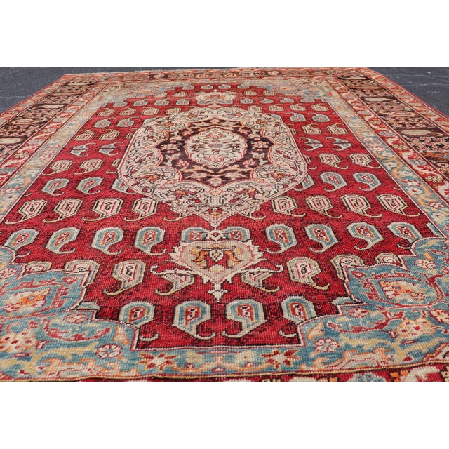 Antique Turkish Rug With Rich Crimson, Sky Blue, and Ivory Accents 5'10 X 8'2 For Sale - Image 12 of 15