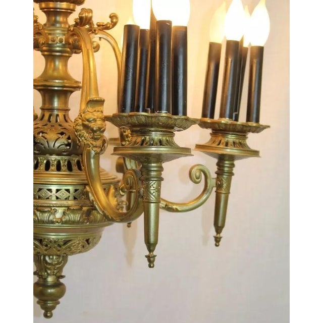 Metal Antique French Bronze Chandelier Ceiling Light Fixture With Torchiere Arms, Rewired For Sale - Image 7 of 11