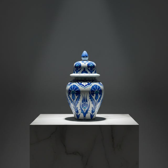 Blue Handmade Ceramic “Kupecik” Ginger Jar (20cm) – Blue Iznik Tulips on Stippled Dotwork – Lidded Vase For Sale - Image 8 of 8