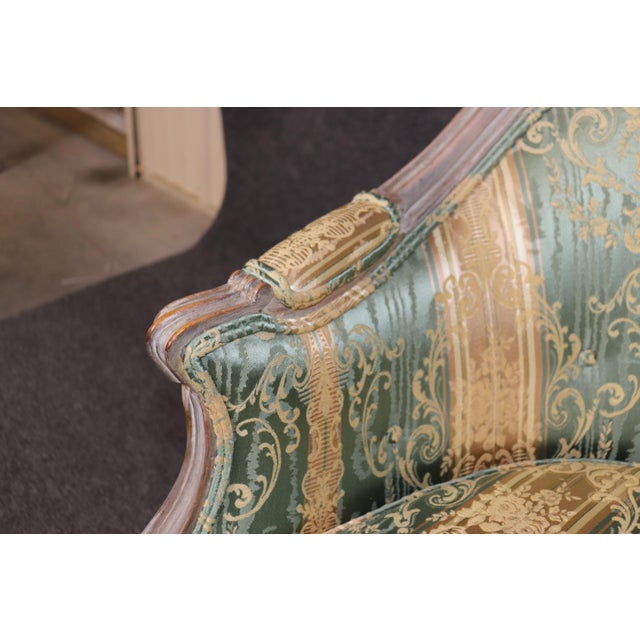 Wood Fine Carved Disressed Painted Louis XV Settee Canape Possible Green Silk Damask For Sale - Image 7 of 12