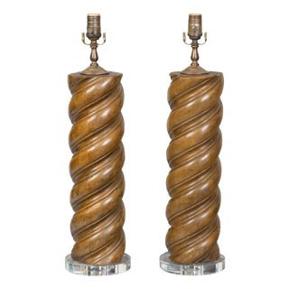 Mid 20th Century French Midcentury Twisted Solomonic Column Style Table Lamps on Lucite - Pair For Sale