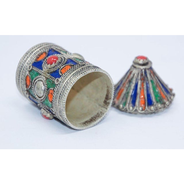 English Antique Kabyle Berber Silver & Enamel Kohl Jewelry Box, Algeria, Circa 1920s For Sale - Image 3 of 17