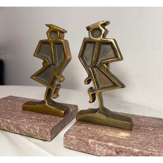 Bronze Vintage Heavy Pair Modernist Mid Century Modern Bronze Marble Figural Bookends For Sale - Image 8 of 12
