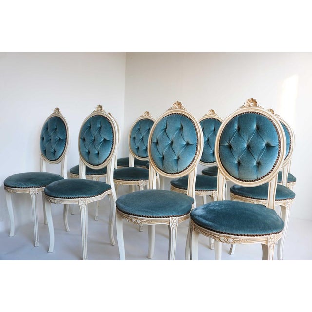 Wooden Chairs in Blue Velvet, Italy, 1960, Set of 12 For Sale - Image 4 of 13