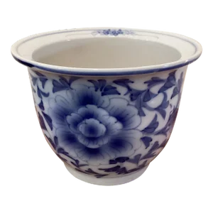 Vintage Chinese Jardiniere Blue & White Porcelain Lotus Flower Motif Planter