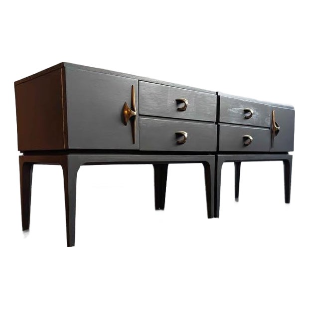 Mid Century Modern Pair of Grey Nightstands W/ Amazing Brass Hardware For Sale