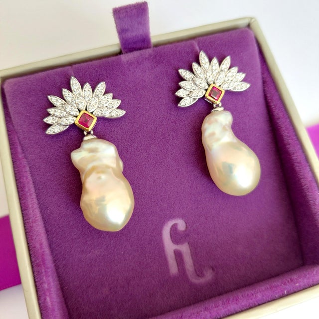 Gemstone Diamond, Ruby and Baroque Pearl Platinum Drop Earrings - Fei Liu, Pair For Sale - Image 7 of 9