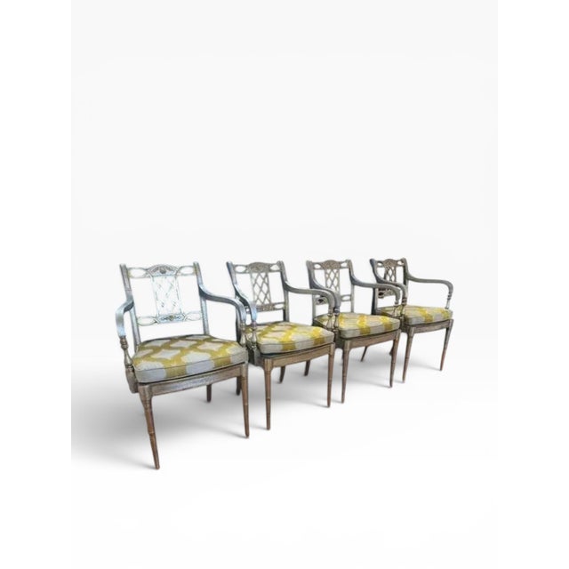 Maitland - Smith Set of 4 Maitland-Smith Silver & Gold Leaf Armchairs With New Caning & Cushions For Sale - Image 4 of 17
